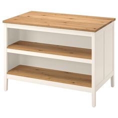 a white and wooden shelf with two shelves