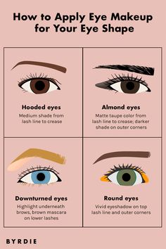 Eye Shape Makeup Chart, Different Type Of Eye Makeup, Eye Looks For Almond Eyes, Makeup For Narrow Set Eyes, Simple Makeup Looks For Small Eyes, Best Eyeliner For Big Eyes, Eyeliner For Big Almond Eyes, Eyeliner For Square Face, Eye Lids Types