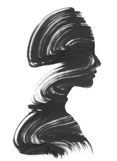 a black and white drawing of a woman's face with her hair blowing in the wind