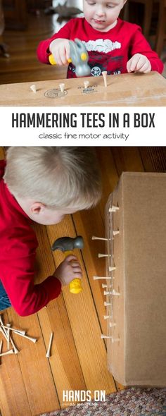 a young boy playing with hammers in a box on the floor next to a cardboard box that says hammering tees in a box