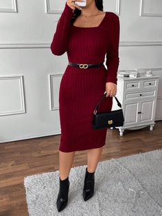 Plus Size Casual Ribbed Velvet Square Neck Knee Length Bodycon Dress, For Christmas Burgundy Elegant  Long Sleeve Knitted Fabric Plain Bodycon Slight Stretch  Women Plus Clothing, size features are:Bust: ,Length: ,Sleeve Length: Ribbed Turtleneck Dress, Red Knitted Dress, Burgundy Sweater Dress Outfit, Red Sweater Dress Outfit, Burgundy Sweater Dress, Money Dress, Winter Mode Outfits, Red Sweater Dress, Christmas Dress Women