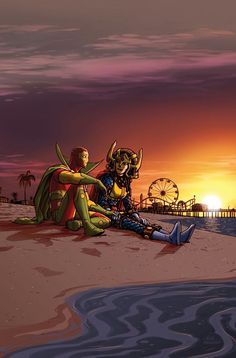 two people sitting on the beach at sunset, one is holding his arm around the other's neck