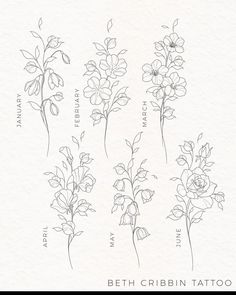 four different types of flowers are shown in black and white, with the words beth cribin tattoo on them