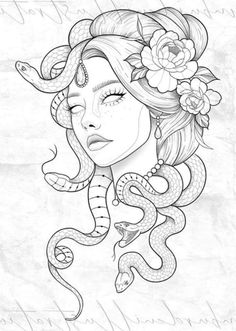 a drawing of a woman with a snake on her head and flowers in her hair