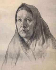 a pencil drawing of a woman with long hair and wearing a shawl on her head