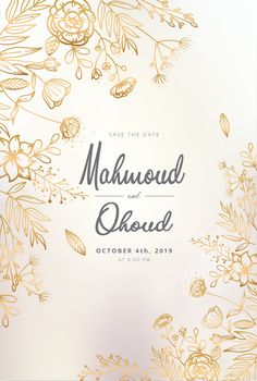 an elegant save the date card with gold foil flowers and leaves on a white background