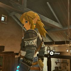 an animated image of a woman with long blonde hair and armor standing in a room