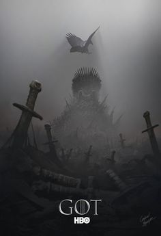 a large bird flying over a pile of crosses in the foggy sky with a giant statue behind it