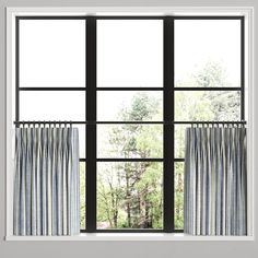 an open window with blue and white striped curtains on the outside, and trees in the background