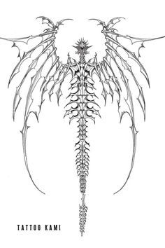 the back side of a tattoo design with an intricate dragon tail and wings on it