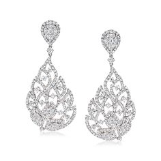 Ross-Simons - 5.75 ct. t. w. Diamond Teardrop Earrings in 18kt White Gold. Emulating the elegance of a peacock's beautiful feathers, these drop earrings are undeniably stunning. Featuring leafy open-spaced teardrops suspending from pear-shaped clusters above, both entirely adorned by 5.75 ct. t. w. multi-shaped diamonds, this pair exudes a gorgeous glimmer with every slight turn and twist. Set in 18kt white gold. Hanging length is 2". Clip/post, diamond teardrop earrings. Diamond birthstones are Luxury White Pear-shaped Cluster Earrings, Diamond Earrings 1stdibs, Exquisite Teardrop Bridal Earrings For Formal Occasions, Elegant Pear Shaped Diamond Cut Earrings, Teardrop Diamond Cut Bridal Earrings For Evening, Elegant Pear-shaped Diamond Earrings With Diamond Cut, Pear-shaped Brilliant Cut Bridal Earrings For Formal Occasions, Formal Teardrop Bridal Earrings Pierced, Elegant Drop Earrings With Diamond Cut