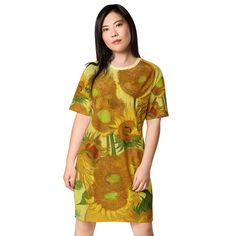 We make the difference! All our Vincent van Gogh products are of the very best color quality. Please compare!  Vincent van Gogh, Sunflowers in a Vase This dress is the swiss knife of all dresses--it'll look great almost anywhere. Dress it up with a jacket or give it a more casual vibe with a pair of sneakers. Wear it as a nightie or even as a part of your street style outfit--the options are endless. The comfortable oversize fit proves that comfy can also be stylish! * Made from 96% polyester, 4% spandex * Smooth and stretchy fabric * Fabric weight: 6.19 oz/yd² (210 g/m2) * Lowered armhole with a widened sleeve and a drop shoulder * Comfortable oversize fit * Blank product components in Mexico sourced from the US * Blank product components in the EU sourced from Lithuania Vase Aesthetic, Swiss Knife, Van Gogh Sunflowers, Vintage Art Print, Gifts For Art Lovers, Vintage Art Prints, Vincent Van, Inspired Fashion, Fashion Vintage