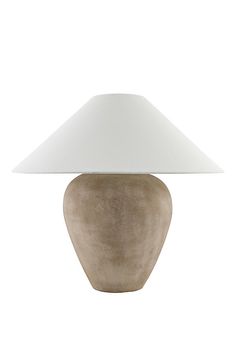 a lamp with a white shade on top of it and a light bulb in the middle