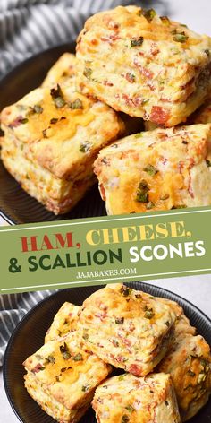 ham, cheese and scallion scones are stacked on top of each other