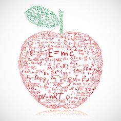 an apple with words written all over it, including the word e = m c