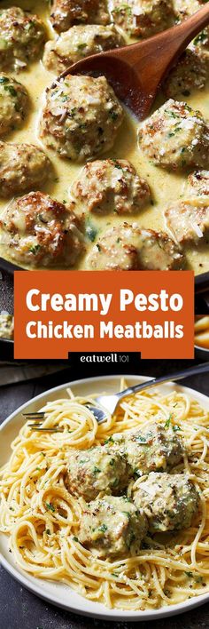 creamy pesto chicken meatballs with pasta in a skillet and on a plate