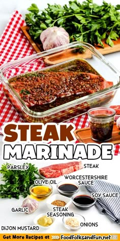 an advertisement for steak marinade on a table with vegetables and sauces around it