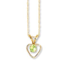 A round peridot is framed by a heart in this sentimental children's necklace. Crafted in 14K yellow gold, the pendant sways from a 15-inch rope chain that fastens with a spring ring clasp. Peridot is August's birthstone. Gold Stock, Jewelry Education, Jewelry Advice, Peridot Stone, August Birth Stone, Accessories Jewelry Necklace, Rope Chain, Cultured Pearls, Necklace Designs