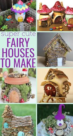 there are many small fairy houses in this collage