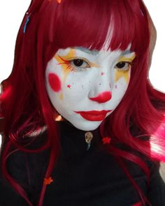 Clown Like Makeup, Dress Up Makeup, Halloween Clown Face Paint, Clown Outfits Women, Makeup Looks With Face Paint, Red And Blue Clown Makeup, How To Clown Makeup, Coquette Clown Makeup, Yellow Clown Makeup