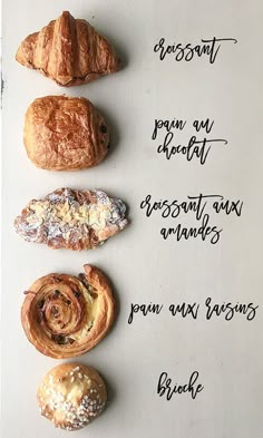 four different types of bread and pastries on a sheet of paper with words written in cursive writing