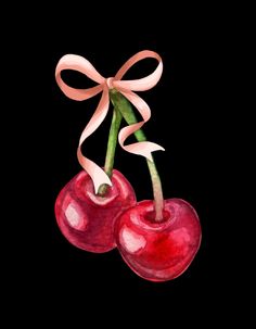 two cherries tied with a pink ribbon on a black background, watercolor painting