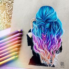 a drawing of a woman's head with blue, pink and purple hair next to colored crayons