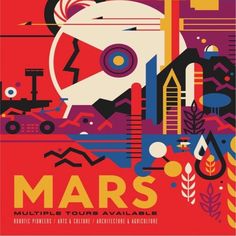 an advertisement for the museum of modern art, mars in red and yellow with colorful geometric shapes