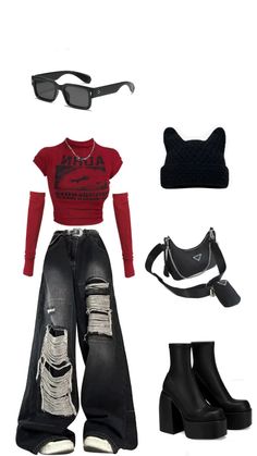 outfitts inspirations black wide leg ripped jeans paired with red fited top with black knee boots, bennie,black shades and parda bag. Concert Cool Outfit, Red And Black Outfits For Concert, Red Top And Black Jeans Outfit, Red Black Concert Outfit, Red Acubi Outfit, Red And Black Outfits Concert, Black And Red Outfit Concert, Red And Black Concert Outfit Ideas, What To Wear For A Concert