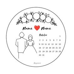 a calendar with an image of a man and woman holding hands in front of them