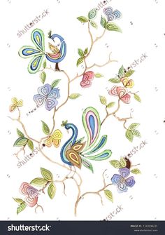 an artistic painting with colorful flowers and birds on white background stock photo, royalty illustration