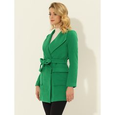 This simple and stylish coat is complete with the design of a shawl collar lapel and a waist belt. It is a must-have outwear for winter. The waist belt helps to tighten the waist and to accentuate your graceful figure. Two pockets offer a place for little personal belongings like cards or keys, and lend a warm place for chilly hands on cold winter days. Paired perfectly with mock neck bottoming shirt. It is a good choice for office ladies to wear for work in winter day. Belted Wool Coat With Lapel Collar For Spring, Elegant Outerwear With Belt And Lapel Collar, Office Lapel Collar Belted Outerwear, Single Breasted Shawl Collar Outerwear For Spring, Spring Single Breasted Shawl Collar Outerwear, Green Belted Long Coat, Winter Green Belted Outerwear, Belted Suit Collar Outerwear For Work, Spring Outerwear With Lapel Collar And Self Belt