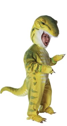 a child in a yellow dinosaur costume