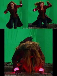 a woman with long hair dancing in front of a green screen