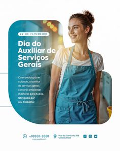 a woman in an apron is smiling and standing next to the words dia do autilar de serecos geriais