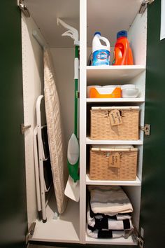 the closet is full of cleaning supplies and other things to use for clothes, toiletries and more