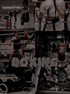 a collage of boxing photos with people in the background