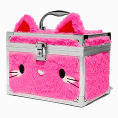 a pink cat purse with ears and eyes on the inside, sitting in front of a white background