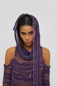 Purple Dream DressThis beautiful hand knitted dress is a perfect night out dress to make a statement and truly a dress everyone is going to talk about.With its cut out around the shoulder and the semi see through look it will definitely stand out from the crowd.Can be styled with the hood up or down.PRODUCT DETAILS Made in Germany Body: 38% CO, 30% PES, 26% VI, 6% PO WASHING INSTRUCTION Cold Handwash Do not iron Do not bleach Do not tumble dry Specialist Dry Clean SIZING CHART:XS - UK 4-6/ EU 34 Hooded Dress Couture, Distressed Crochet Dress, Hooded Dresses Runway, Retro 70s Fashion, Purple Knit Dress, Crochet Dress Subversive, Hand Knitted Dress, Hooded Dress, Runway Dresses