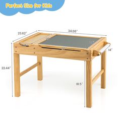 a child's desk with measurements for the top and bottom