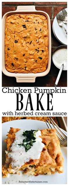 chicken pumpkin bake with herb cream sauce in a casserole dish on a white plate