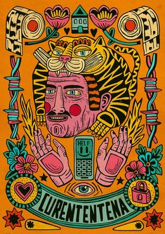 an orange poster with a drawing of a man holding a cell phone