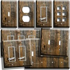 six wooden switchplates and one outlet cover in various styles, all made out of wood