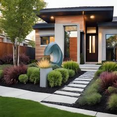 a modern house with landscaping in the front yard