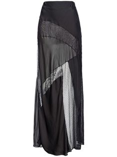 black semi-sheer construction panelled design contrasting laces high-waisted side zip fastening A-line straight hem long length Limo Black, Sheer Maxi Skirt, Online Closet, Patchwork Skirt, Wardrobe Edit, City Dress, Exclusive Fashion, Skirt Black, Long Length