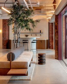 a living room filled with furniture and a tree in the middle of it's center