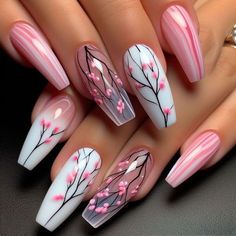 Nail Art Designs Pink And White, Cool Nail Art Ideas, Blossom Nail Art Designs, Long Pink Nail Designs, Black And Pink Nails Ideas, Blossom Nail Art, 2023 Celebration, Flower Nail Design, Cherry Blossom Nails