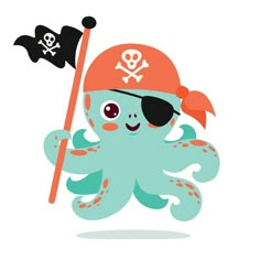 an octopus wearing a pirate hat and sunglasses holding a flag with a skull on it