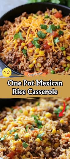 one pot mexican rice casserole with corn and cilantro on the side