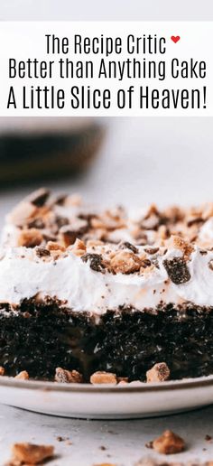 a piece of cake with white frosting and nuts on top is sitting on a plate that says, the recipe gritic better than anything cake a little slice of heaven?